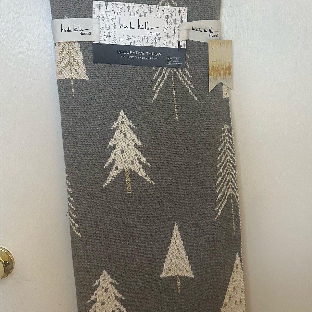 Nicole Miller Christmas Cream Gold Gray Elegant Multi Design Tree Throw Blanket